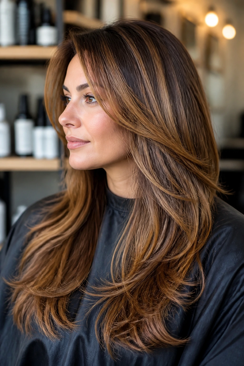 Portrait of a real woman with smart cut and caramel highlights in a salon