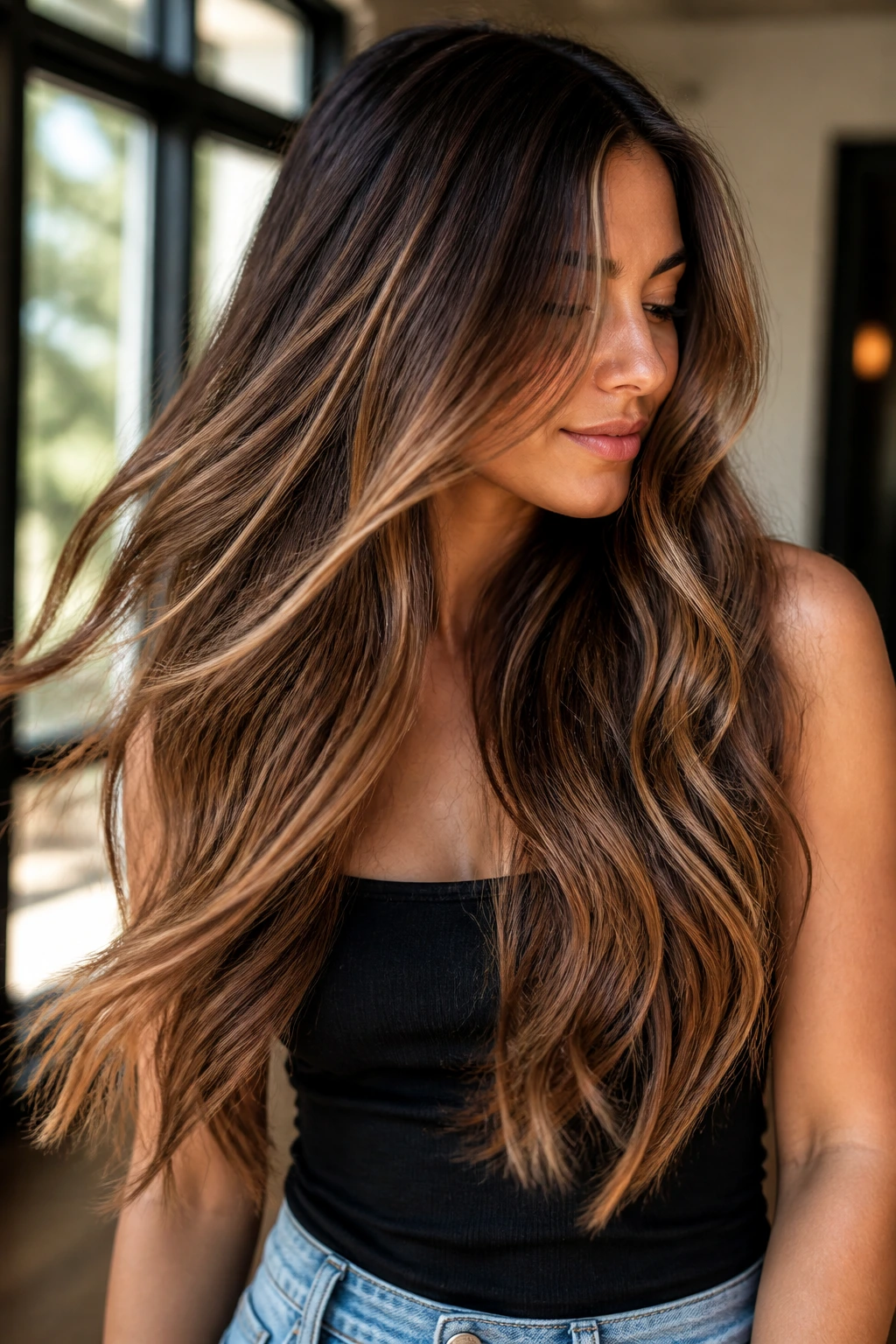 Long caramel brunette hair flowing in a sunlit space.