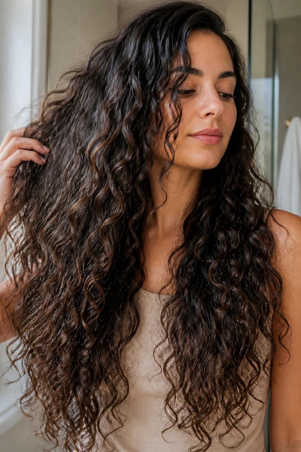 Close-up of a real woman's long hair showing weight and curl variation along length