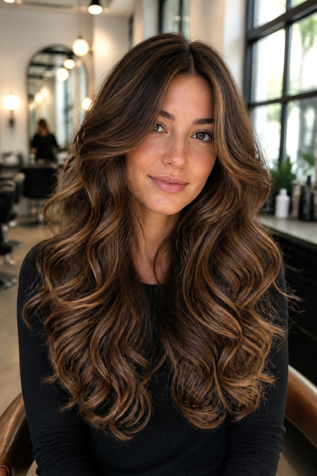 Medium close-up of a woman with long curls lifted mid-shaft in a salon setting.