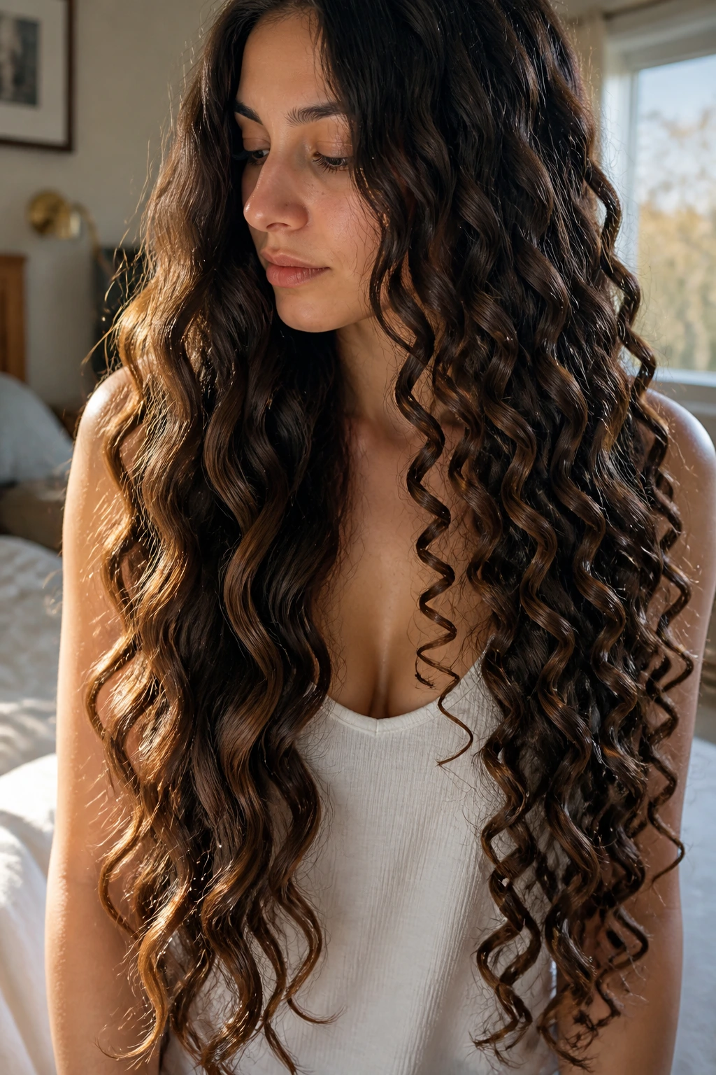 Close-up of a real woman with long hair showing curl shapes along the length.