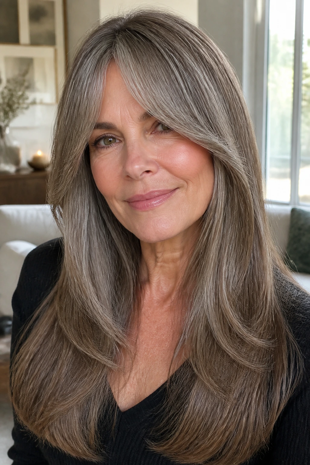 Real woman with long glossy hair and soft curtain bangs.