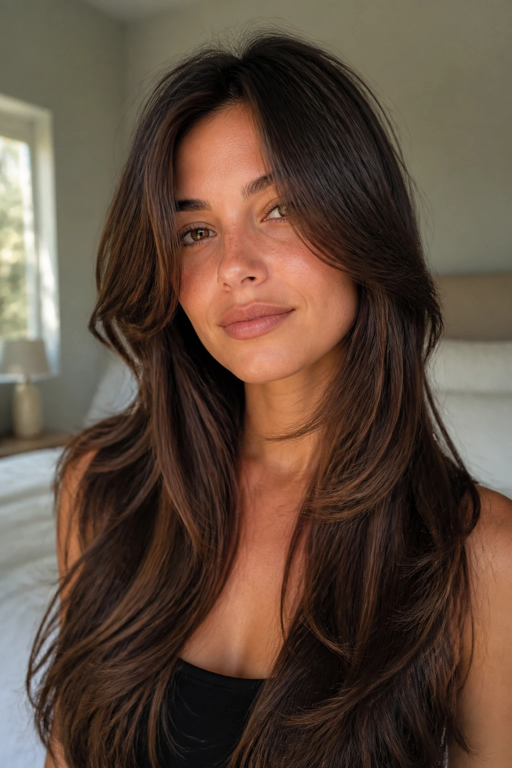 Close-up of long hair with face-framing layers around cheekbones