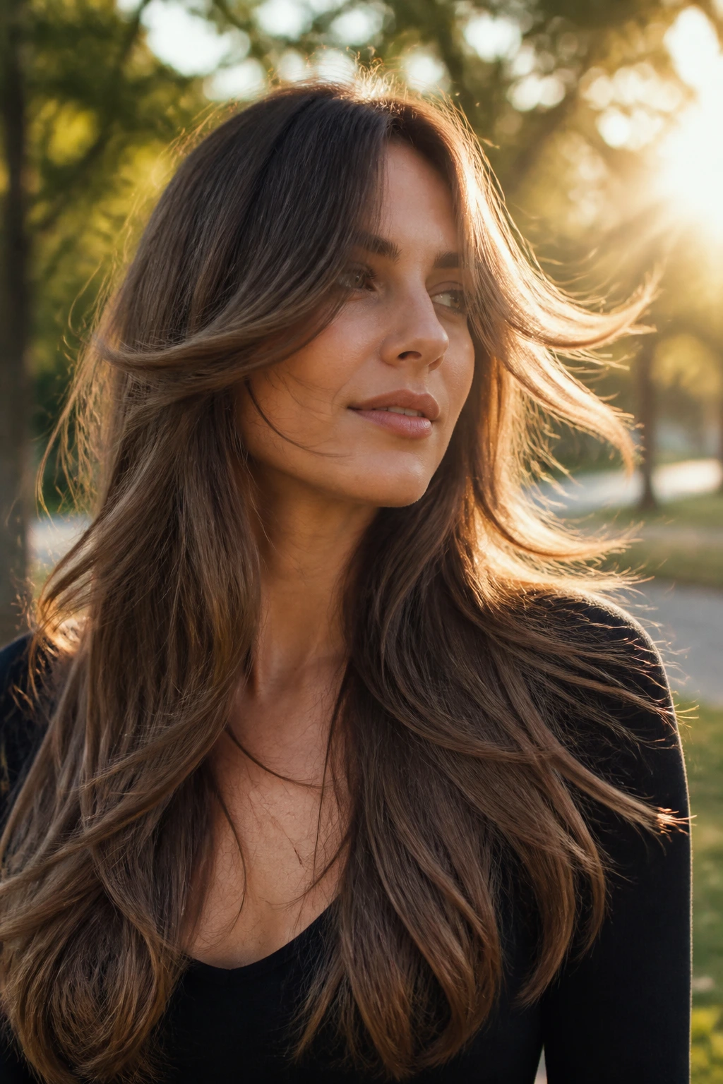 Person with long feathered hair flowing in breeze outdoors