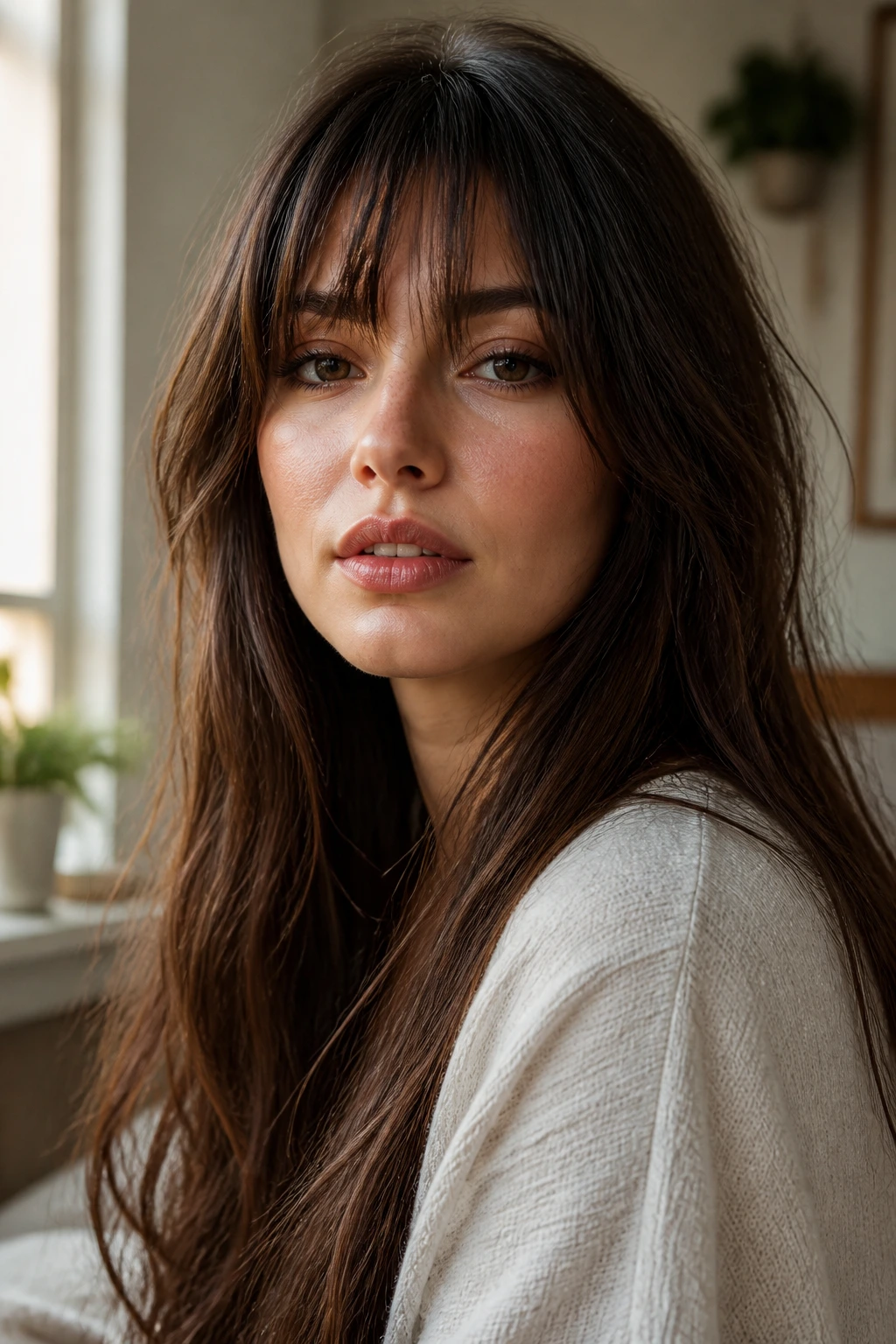 Close-up portrait of a real person with long hair and a soft fringe