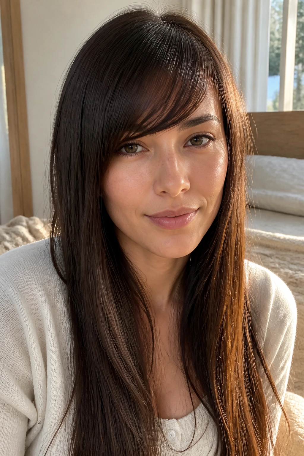 Close-up of a real woman with long straight hair and a narrow diag fringe, in warm window light.