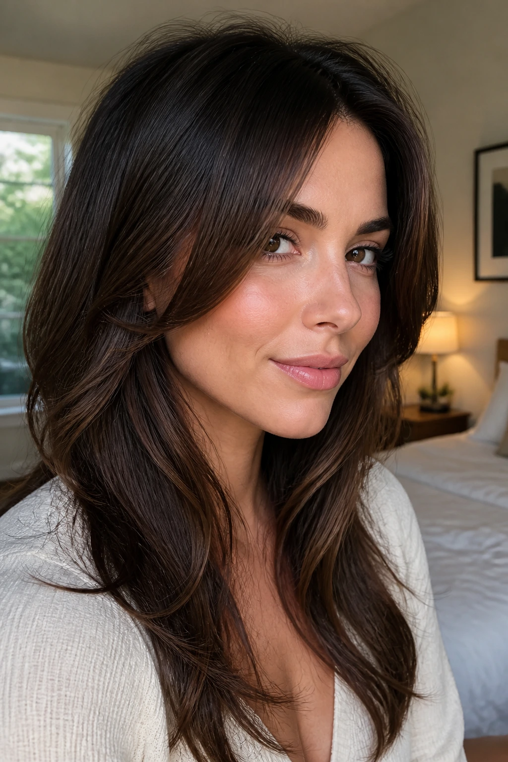 Close-up portrait of a real woman with long layered hair framing a heart-shaped face