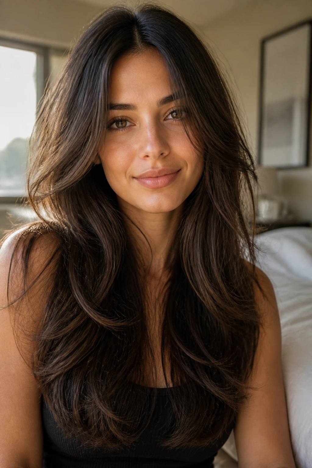 Close-up of a real woman with long hair showing invisible interior layers in natural window light
