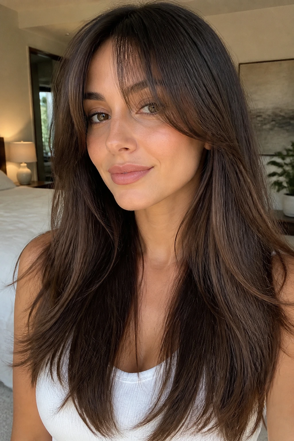 Close-up portrait of a real woman with long hair showing invisible layers and feathery curtain bangs