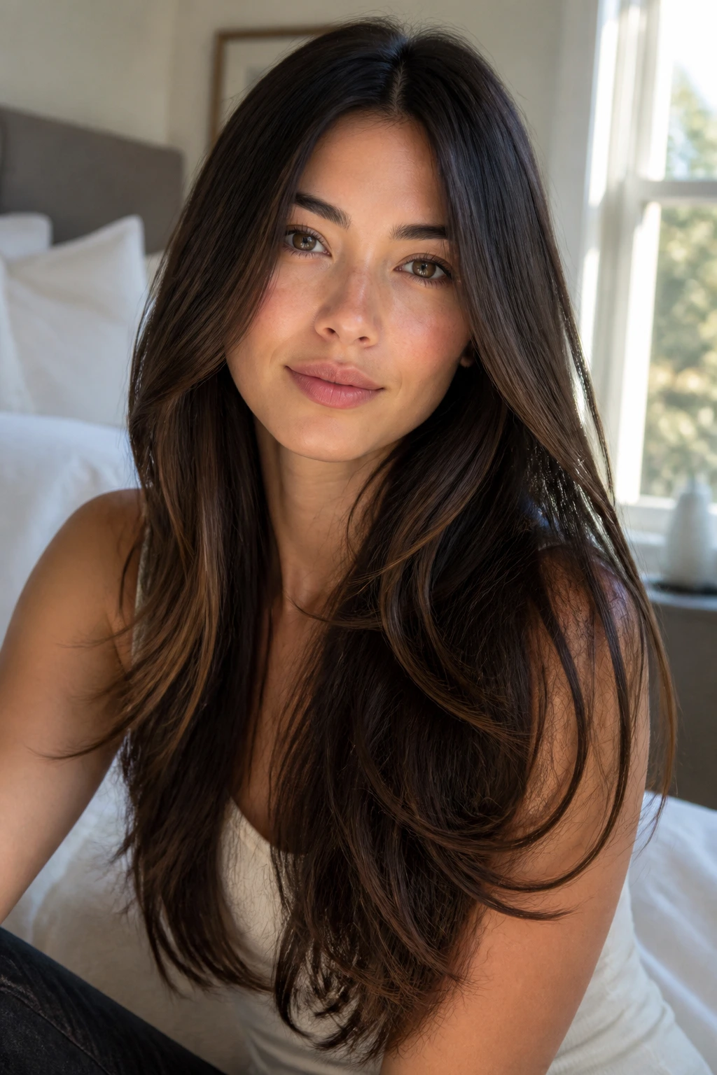 Portrait of a woman with long hair showing invisible layers in a softly lit room