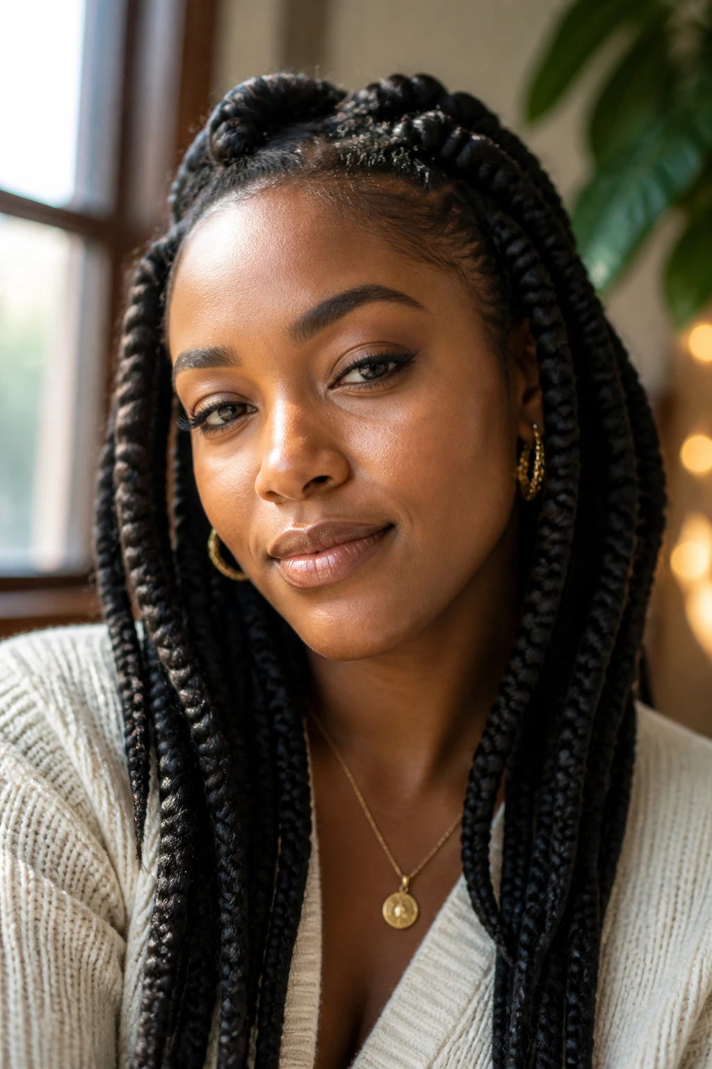 Portrait of a person with long hair framing the jaw and nape.