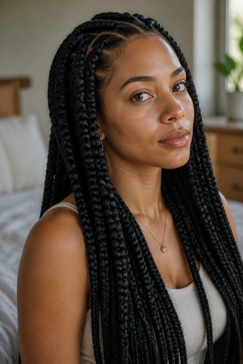 Close-up portrait of a real woman with long hair styled in jumbo braids, showing weight and shape.