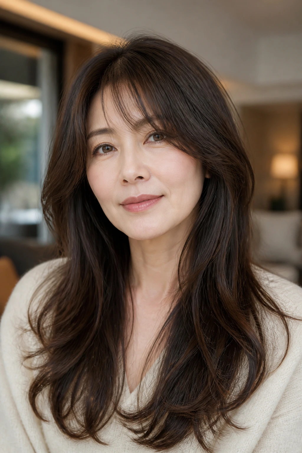Close-up portrait of a real woman with a modern long haircut, warm indoor light