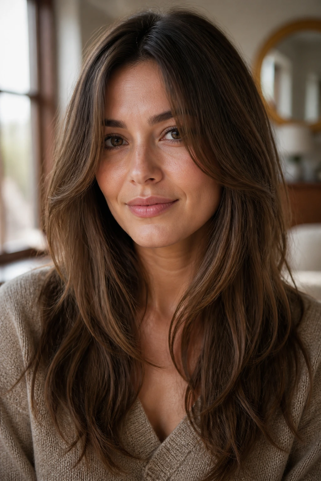 Close-up portrait of a real woman with long hair and chin-starting face-framing layers