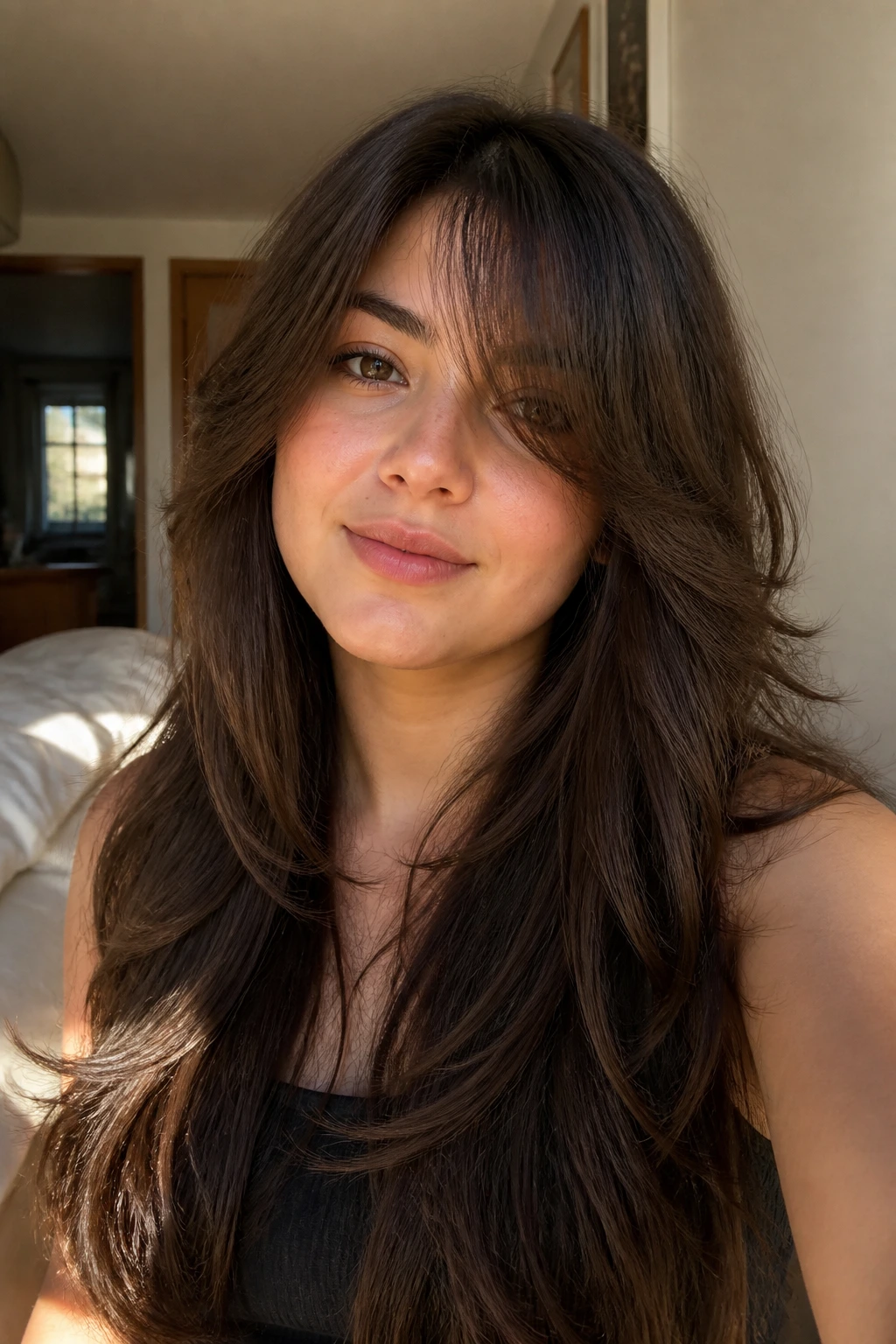 Portrait of a woman with long cascading layers and a floating bang framing her face