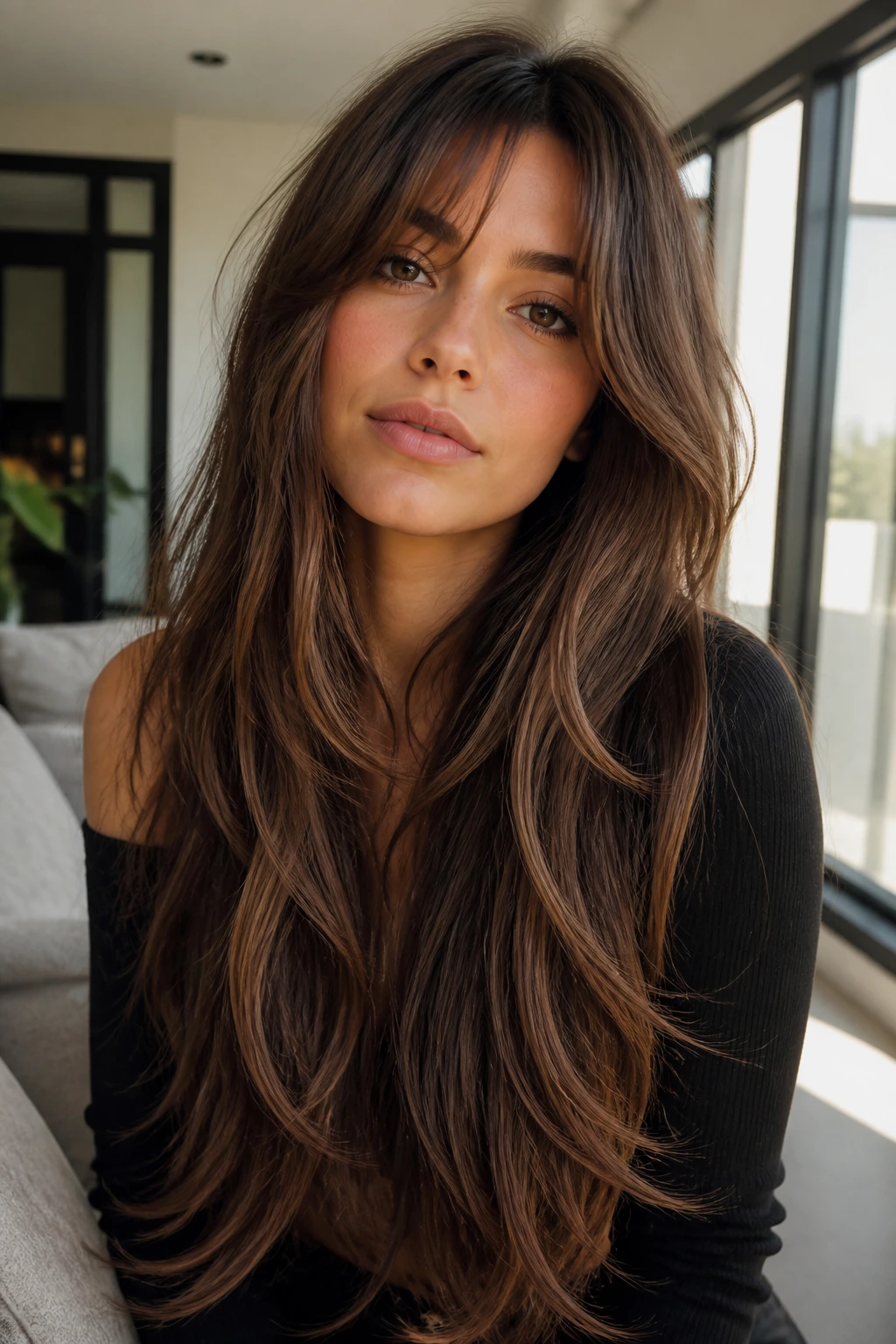 Portrait of a woman with extra-long flowing layers and a soft grown-out fringe