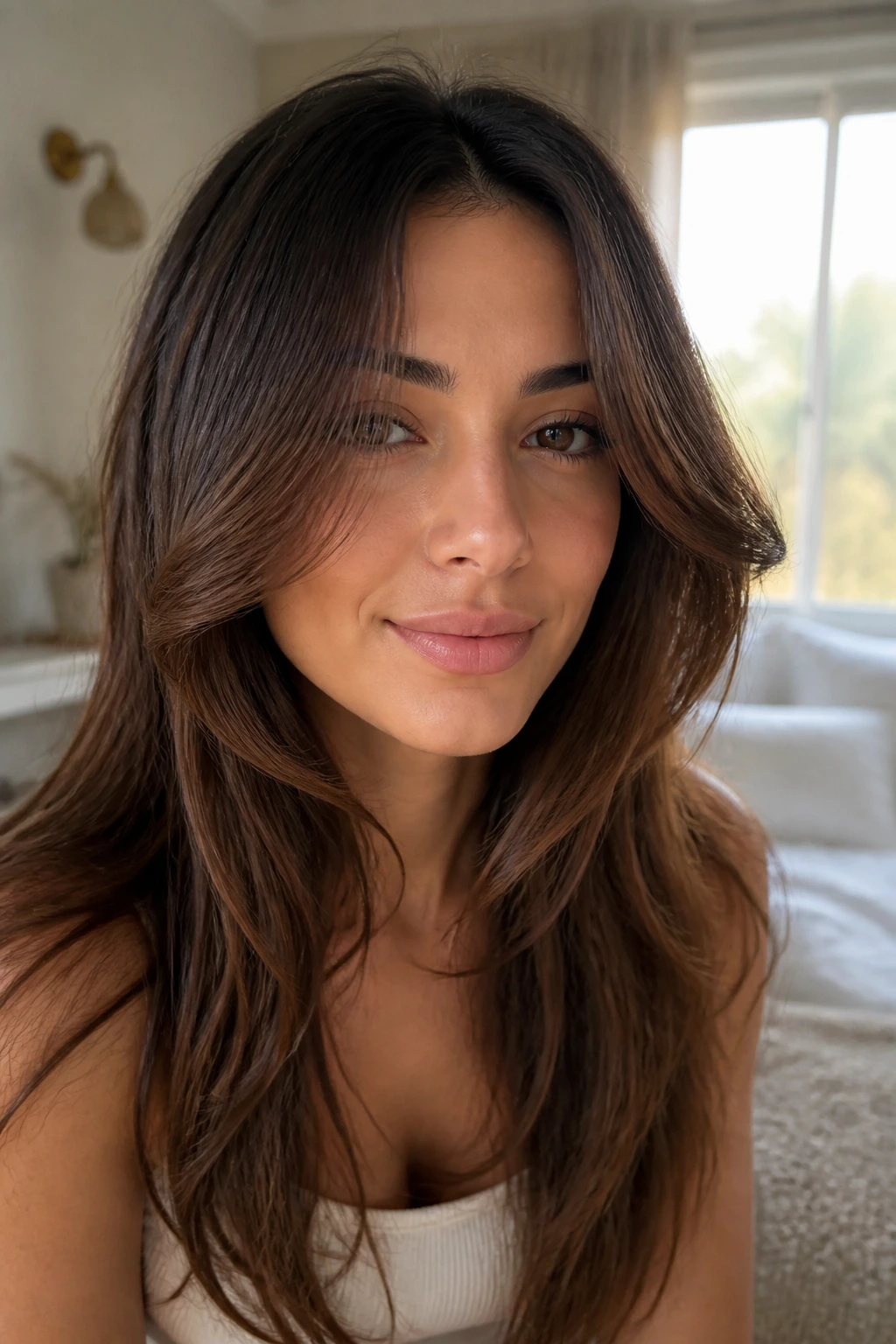 Close-up portrait of woman with long layered hair framing the face in warm natural light