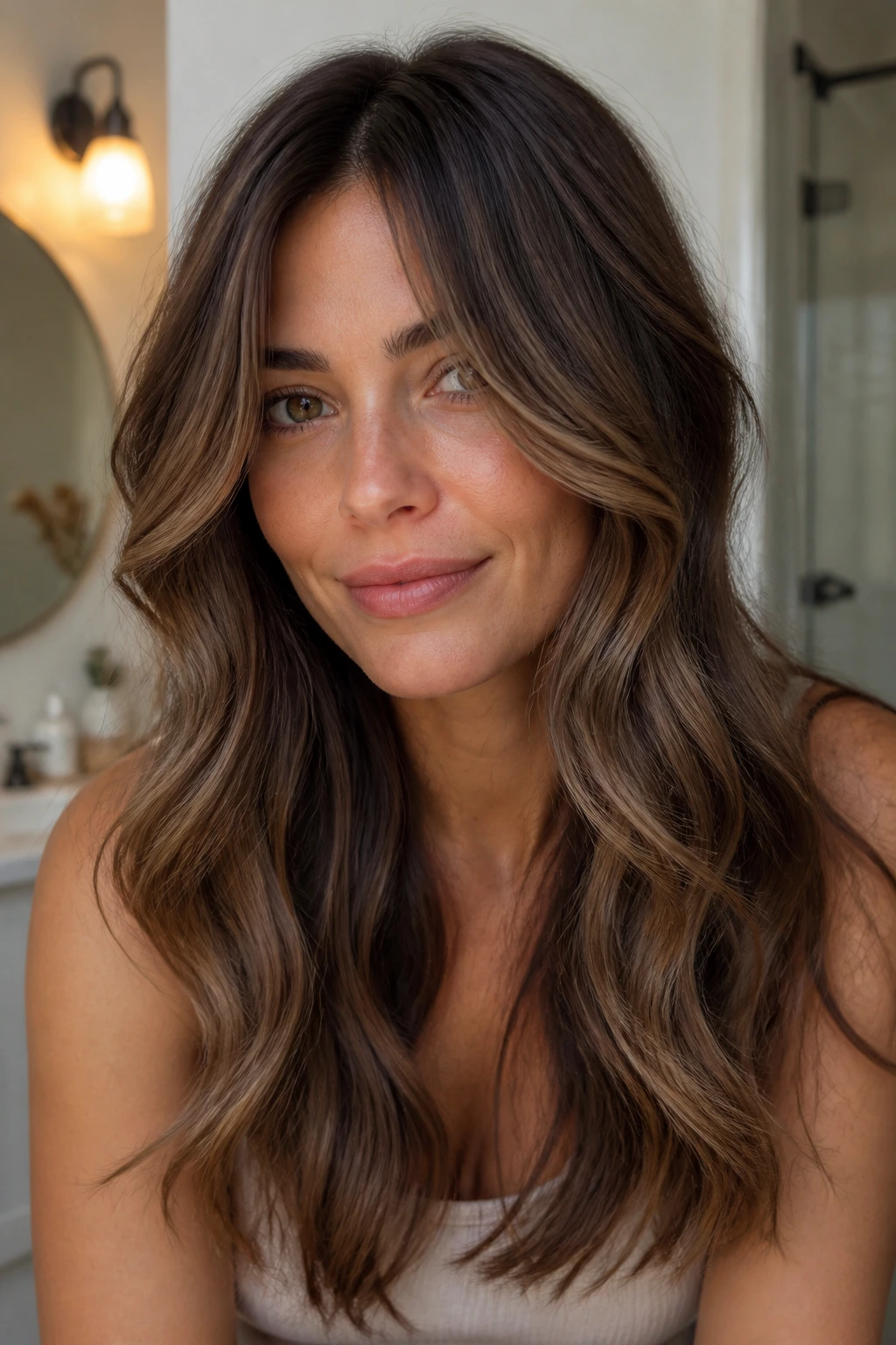 Close-up of a real woman with long face-framing layers and loose mid-barrel waves.