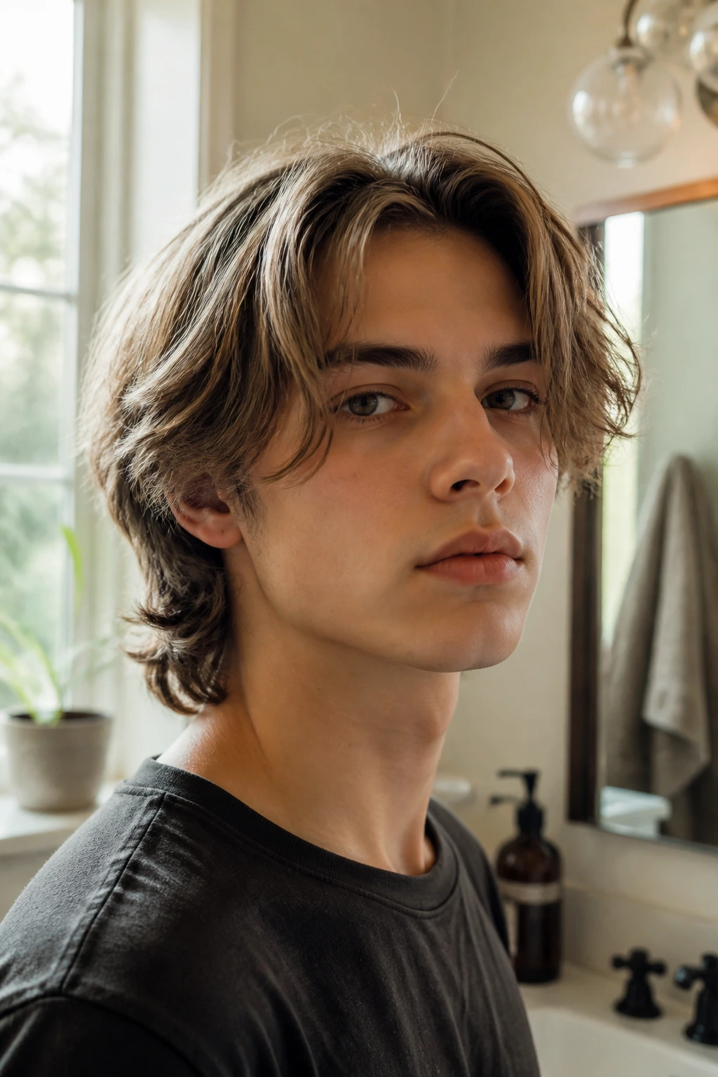 Close-up of a real boy with a neatly shaped long haircut for fine hair in a cozy home setting.