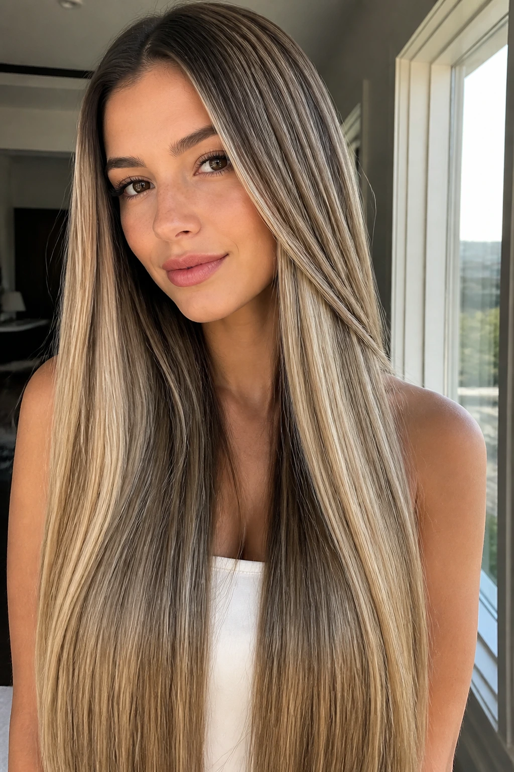 Close-up portrait of ultra-long straight hair with ribbon blonde highlights and lowlights on a real person.