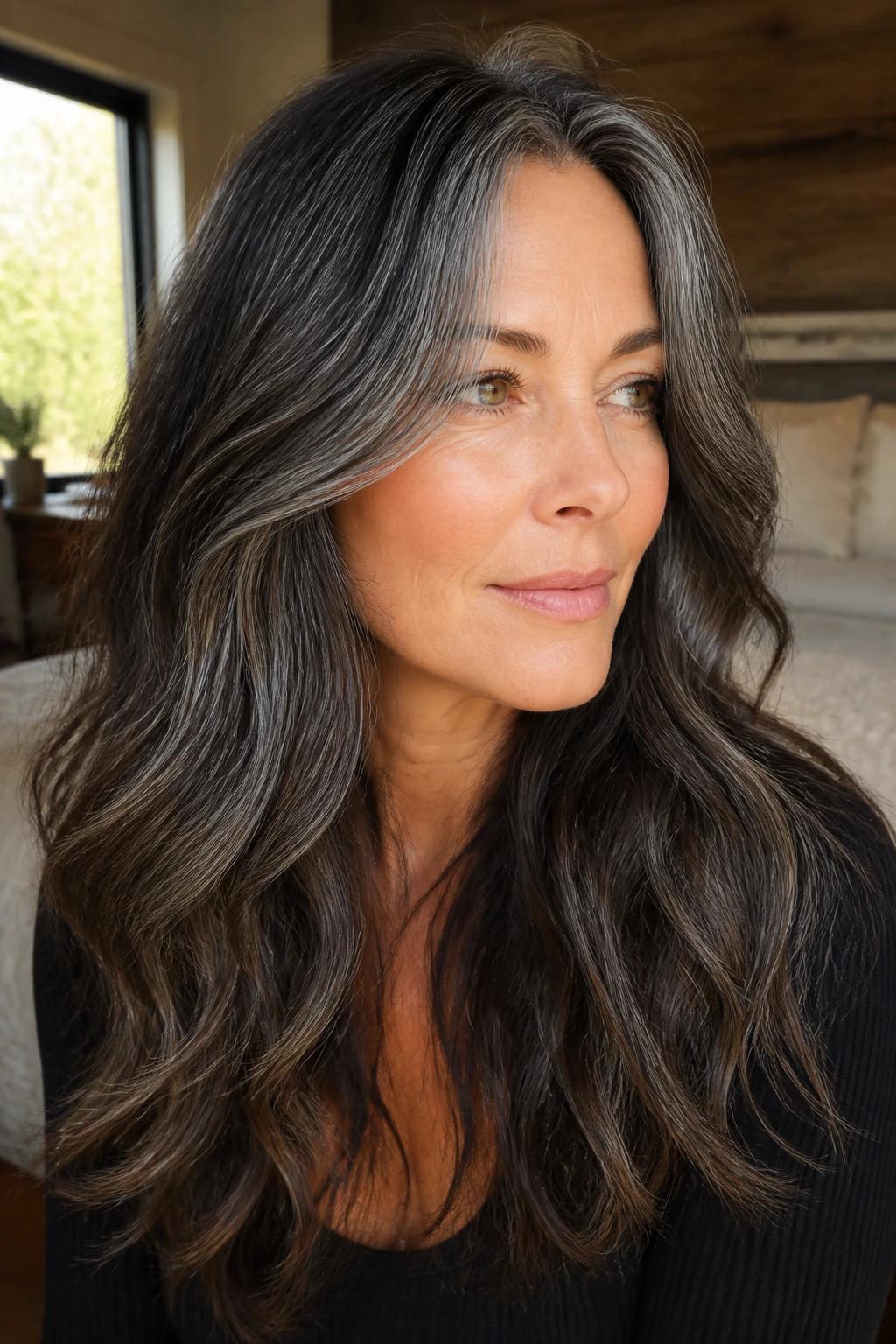 Close-up of a real woman with long layered hair and gray strands in a warm bedroom