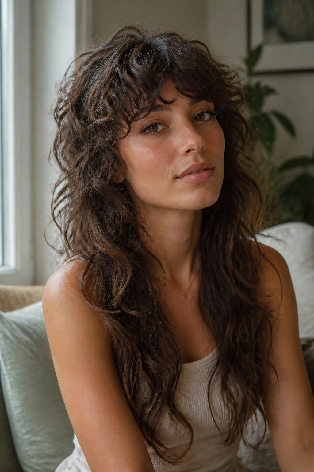 Close-up of a real woman with long shag hair showing curly crown variation and lifted crown
