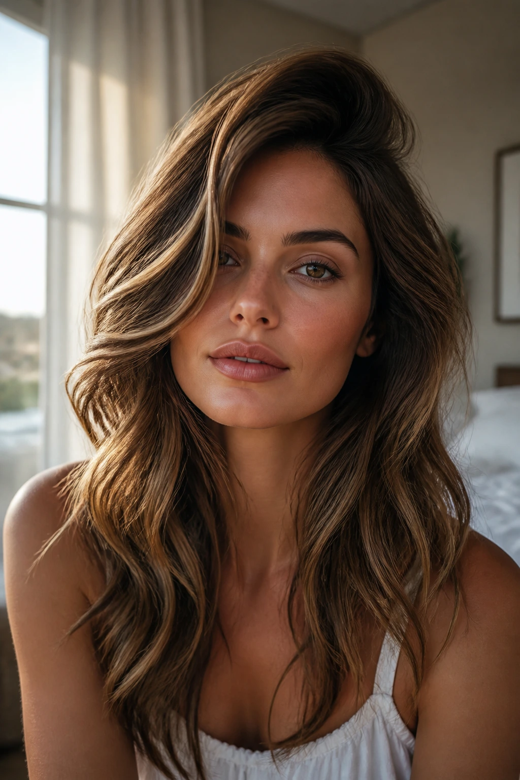 Close-up portrait of a woman with side part, crown lift, and soft waves for square faces
