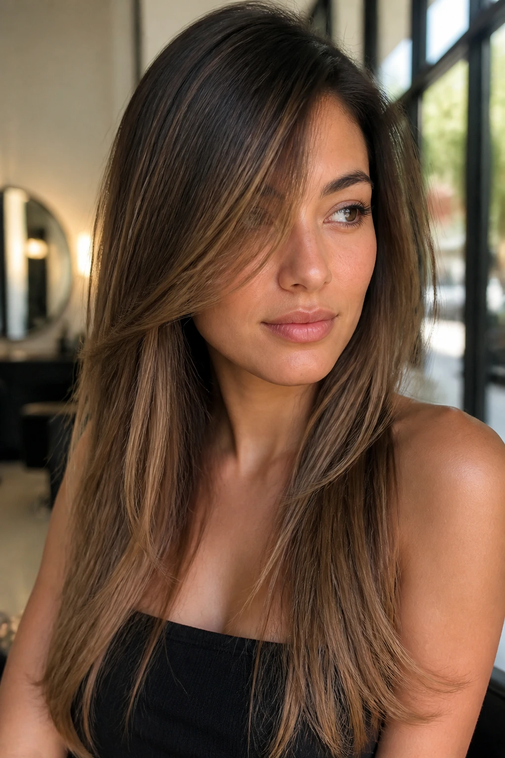 Close-up of long hair with a side-swept face-framing diagonal front piece