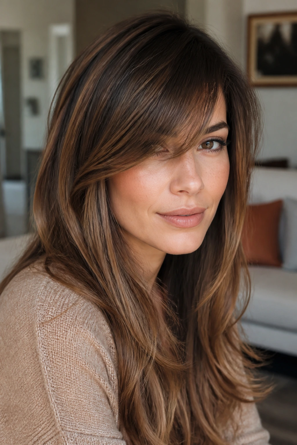 Portrait of a person with a dramatic long-hair side-swept fringe