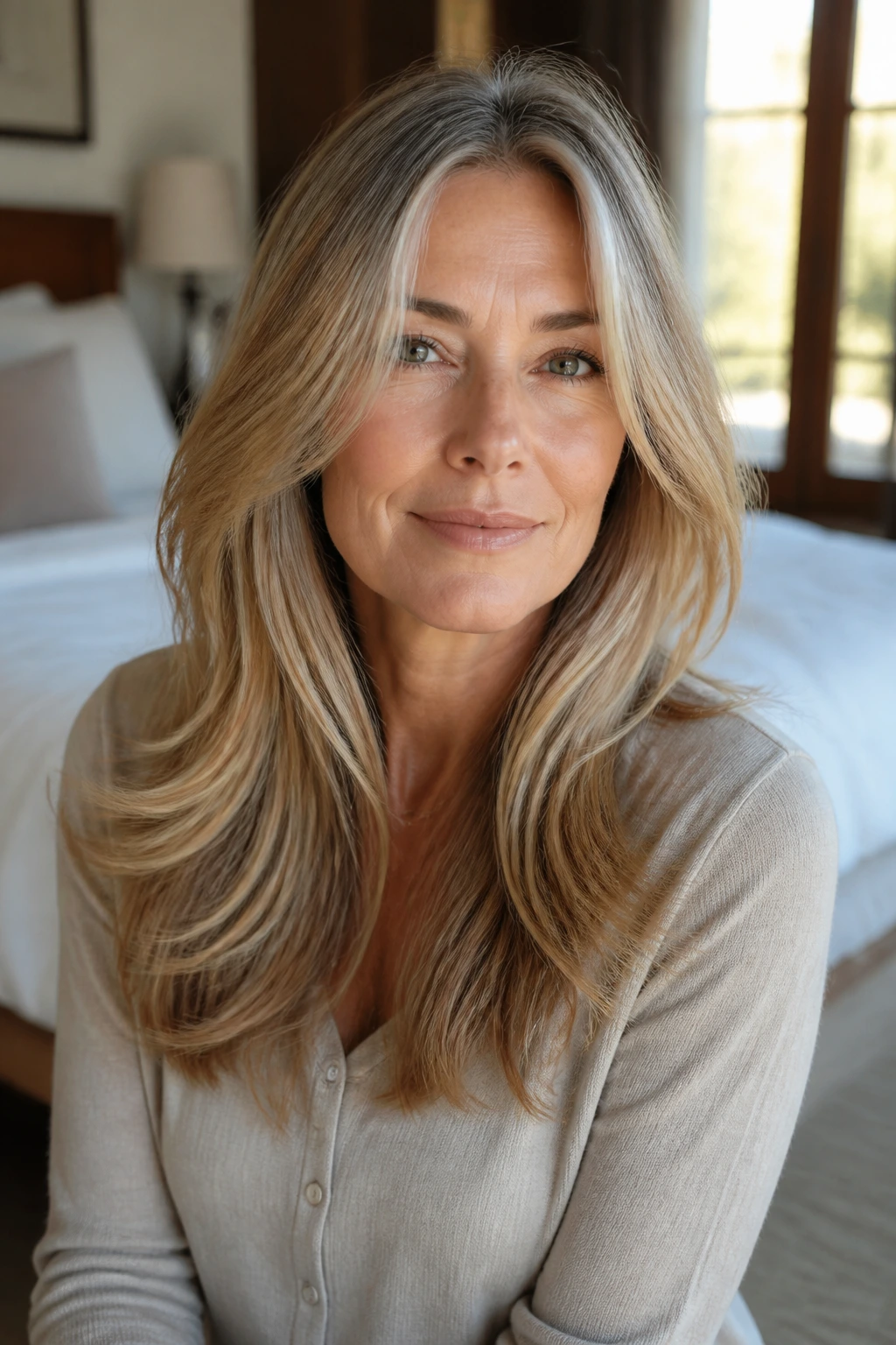 Close-up portrait of a woman with long hair and soft layers in warm bedroom window light