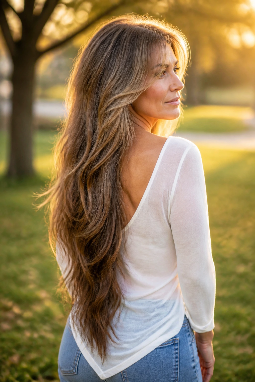 Three-quarter profile of a real woman with very long hair featuring a deep V-cut at the back
