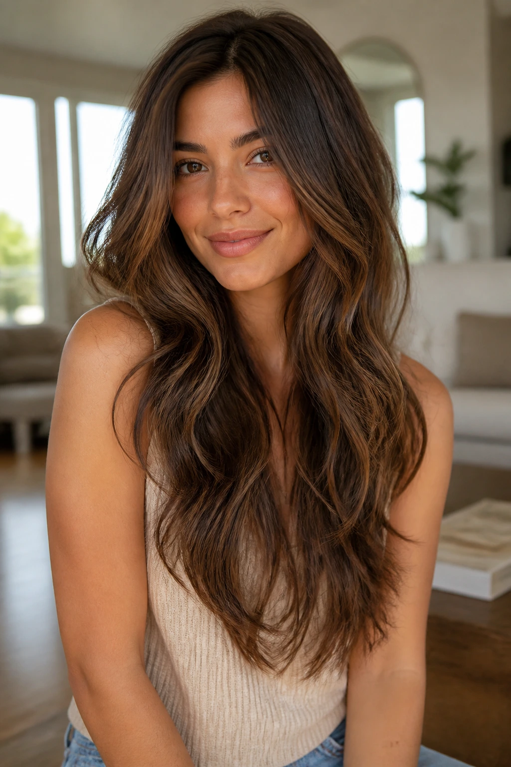 Close-up of a real woman with long wavy hair and subtle V-cut layers.