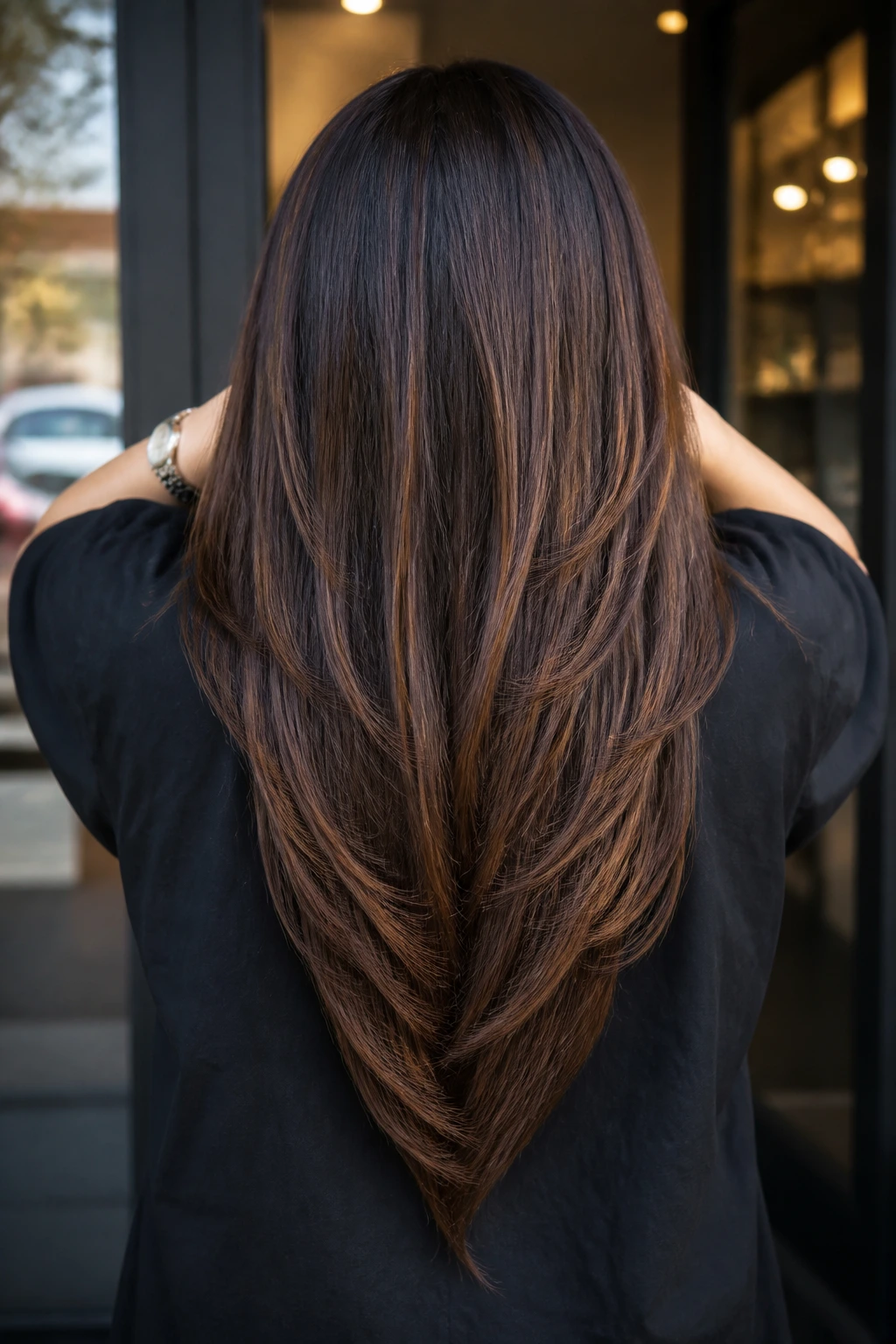 Portrait of real person with long hair forming a V-cut at the back.