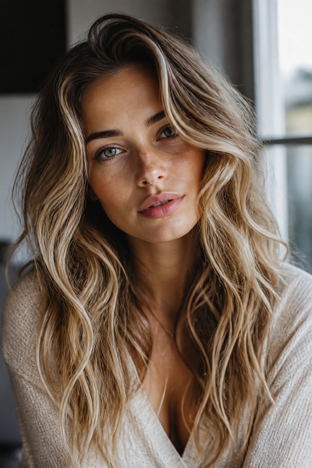 Close-up portrait of a real woman with long beachy waves showing lifted roots and cheekbone framing under natural window light