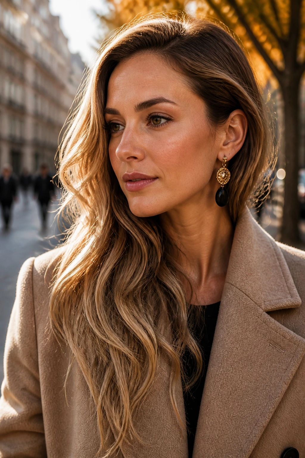Portrait of a woman with side-swept waves tucked behind the ear showing an earring.