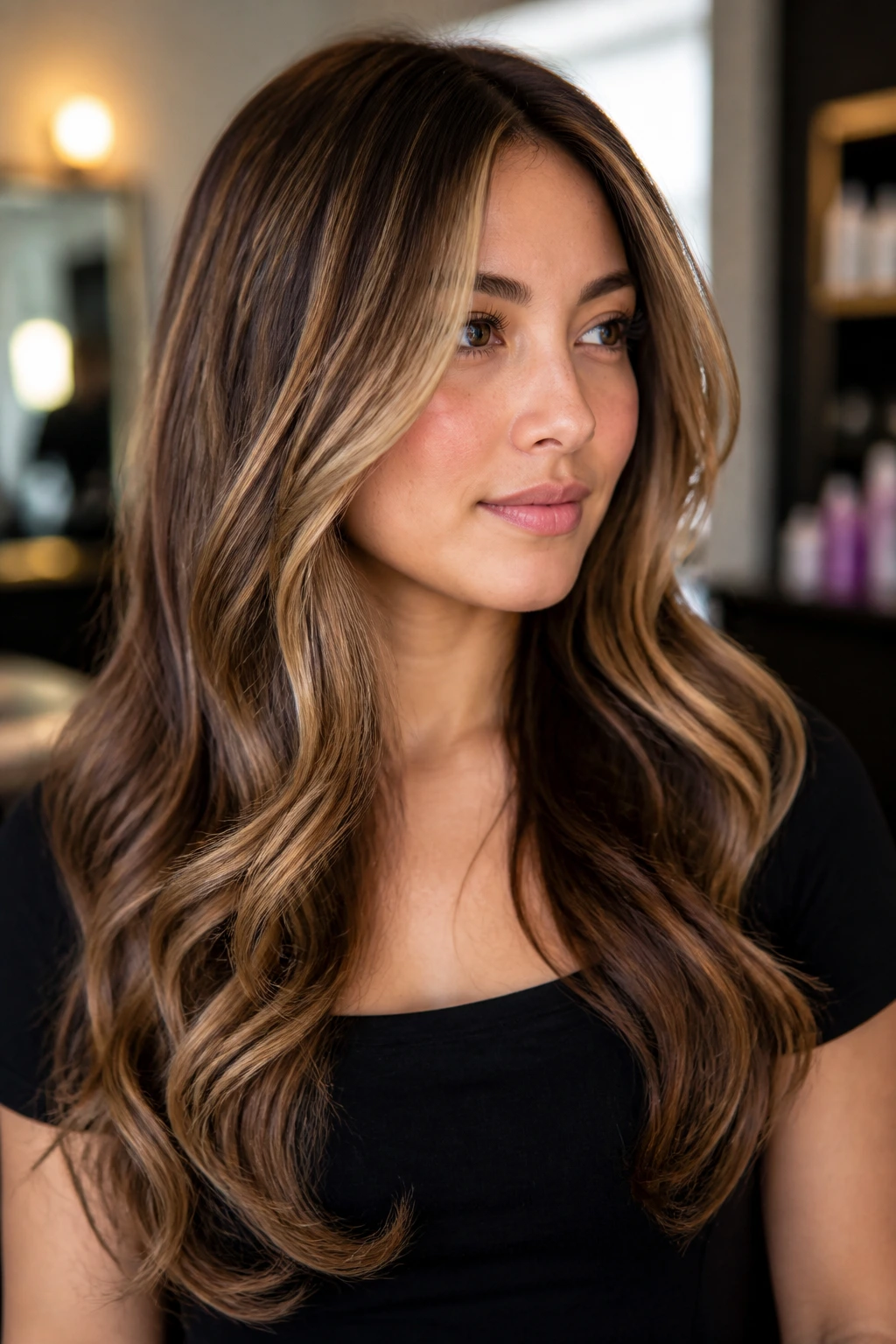 Close-up of a real woman with long S-waved hair and face-framing pieces