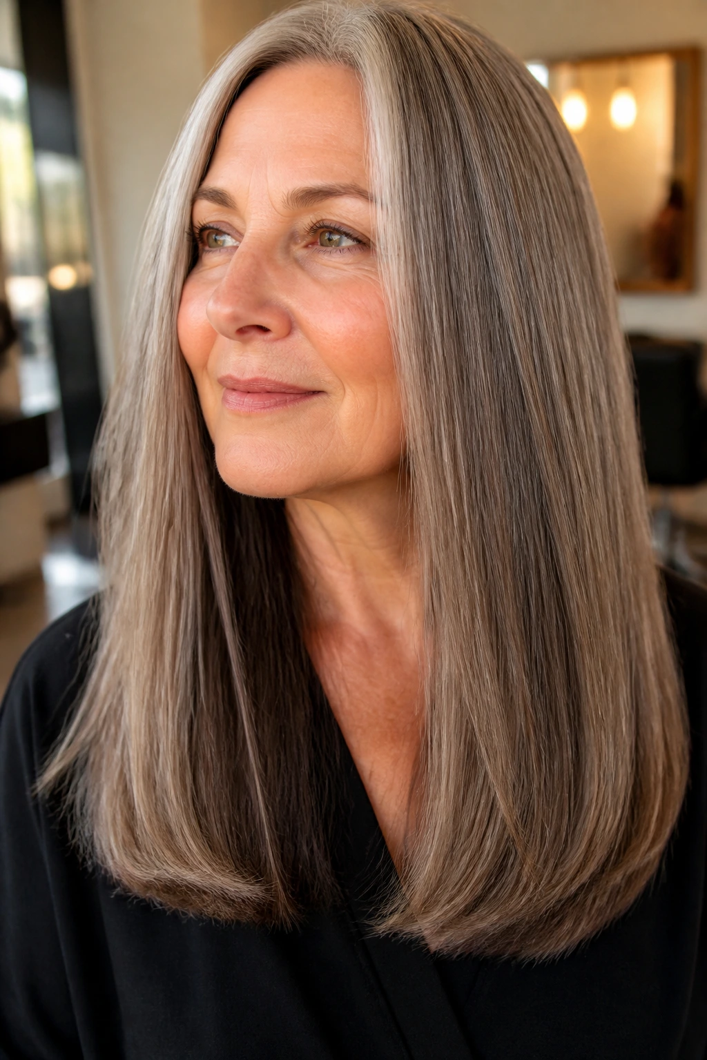 Close-up portrait of a real woman with long thick hair showing interior weight removal