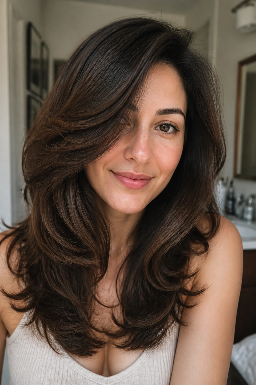 Close-up of a real person with thick hair showing internal layering for lift and movement