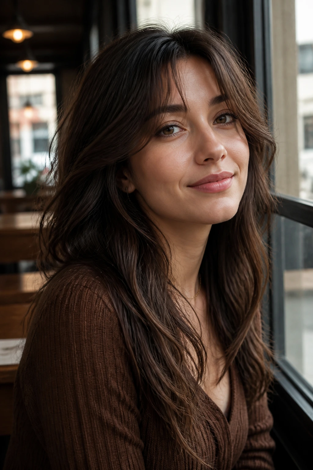 Close-up of a real woman with long invisible front bangs blending into hair