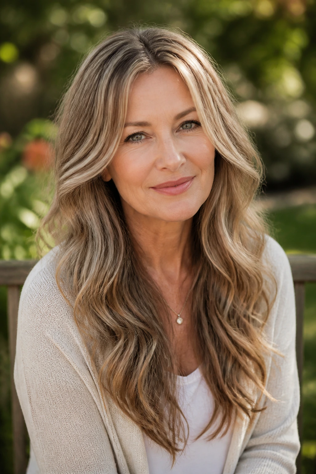 Portrait of a real woman with long invisible layers in wavy hair.