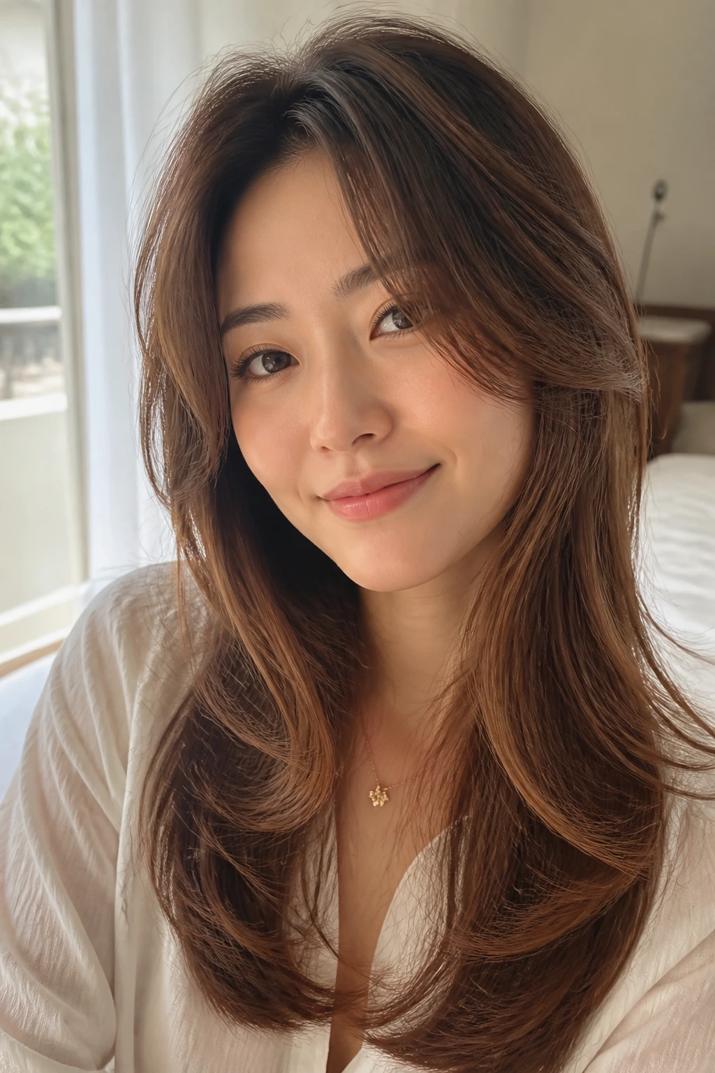 Portrait of a real woman with long Korean layers looking fresh and airy.
