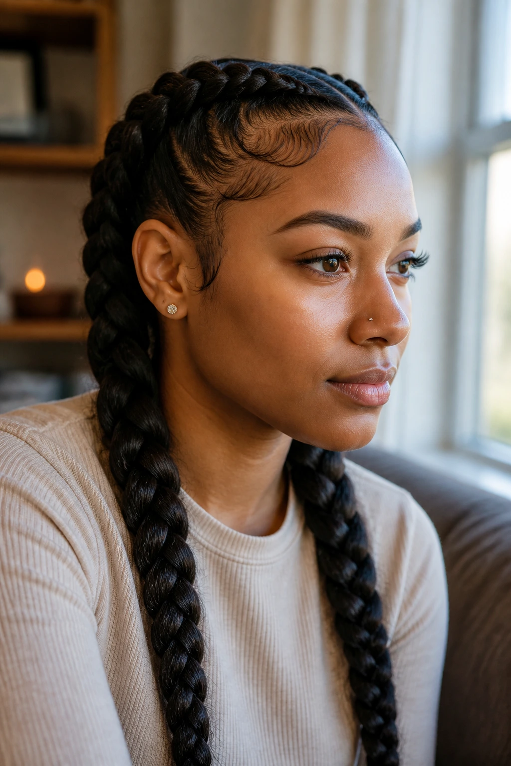 Real woman with long double Dutch braids looking crisp in a long day setting