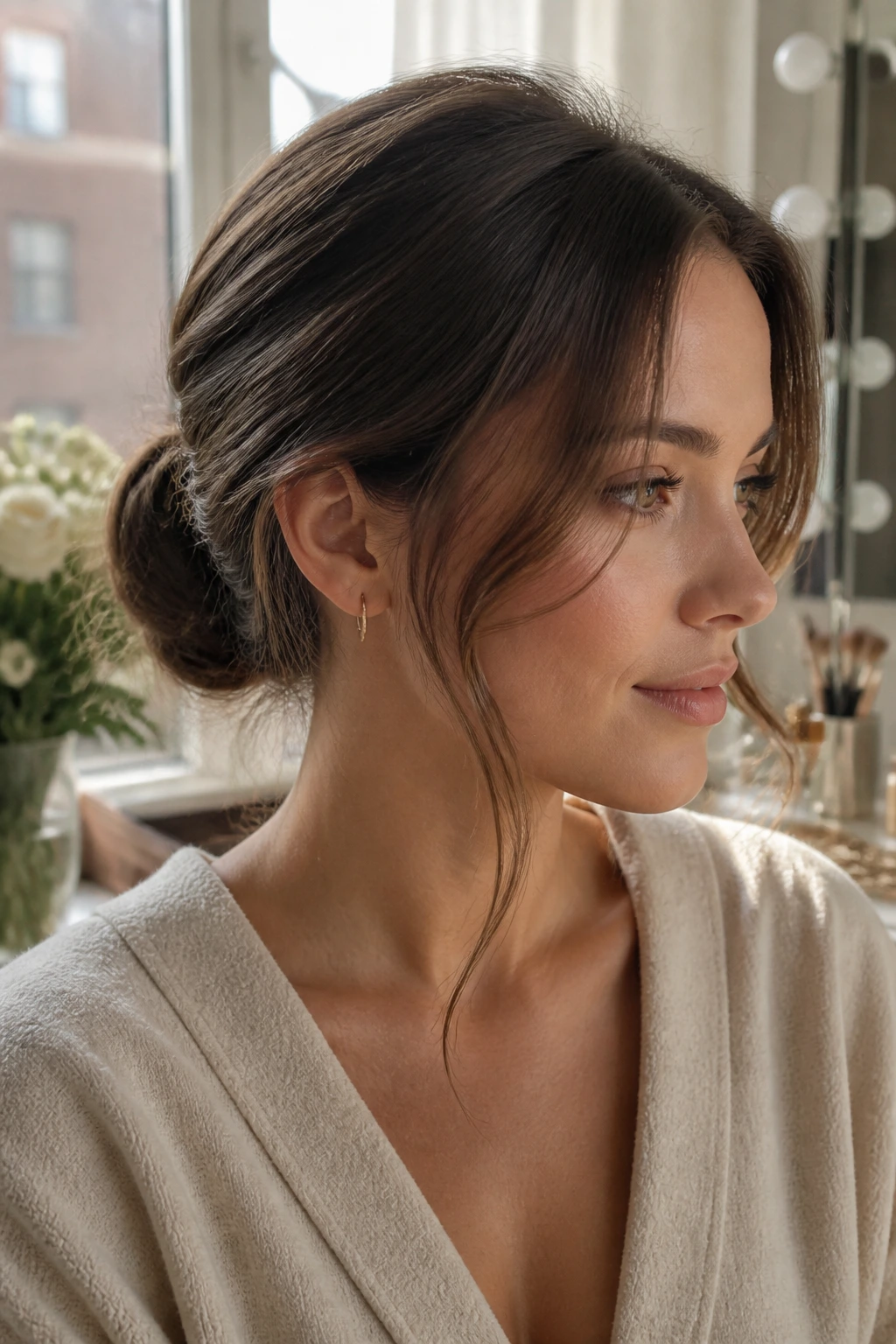 Real woman with low bun and face-framing pieces in natural light
