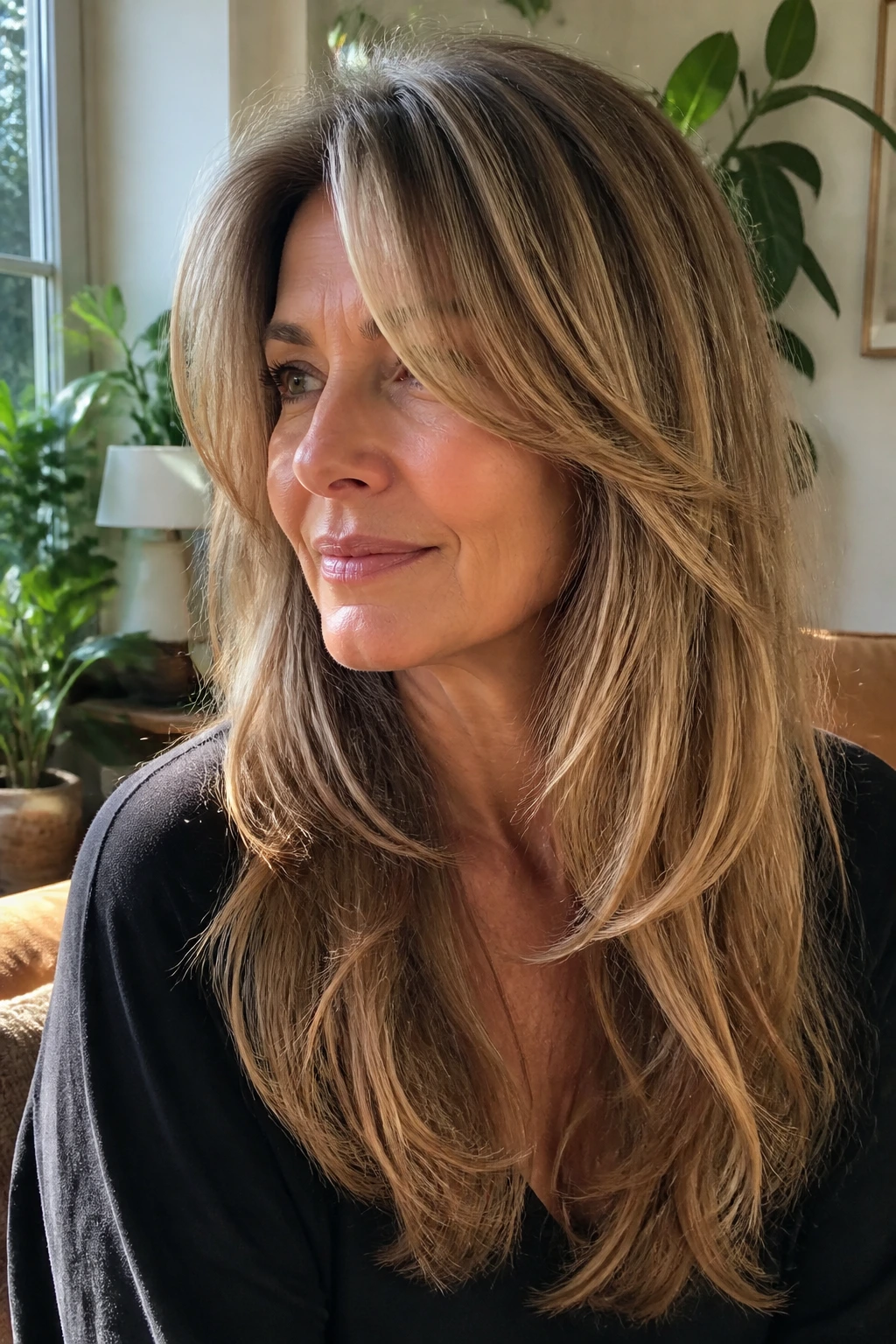 Portrait of a real woman with long curtain layers framing the face and length below shoulders.