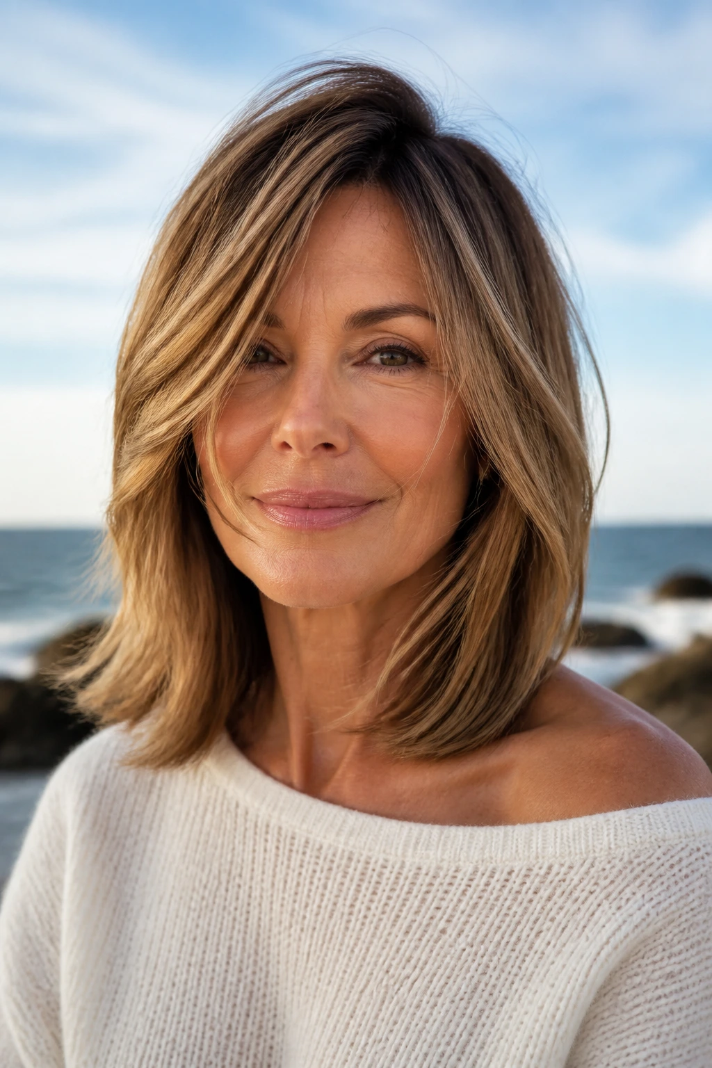 Medium close-up of a woman with a long-layer lob by the seaside