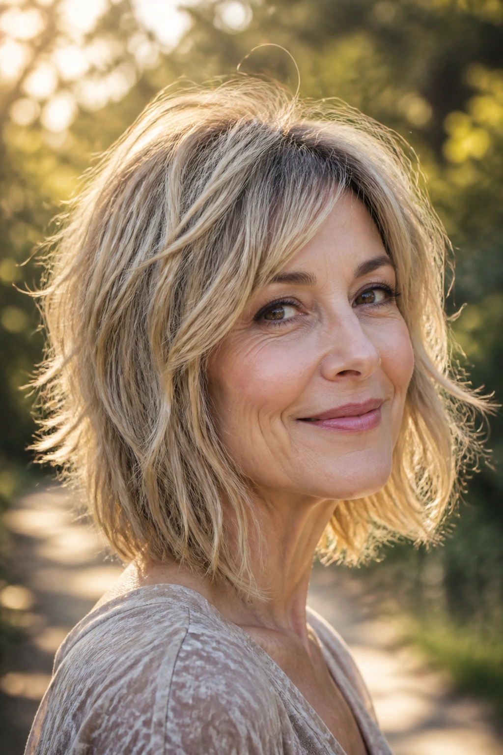 Real woman in long-layer shag bob with wispy perimeter outdoors in sunlight.