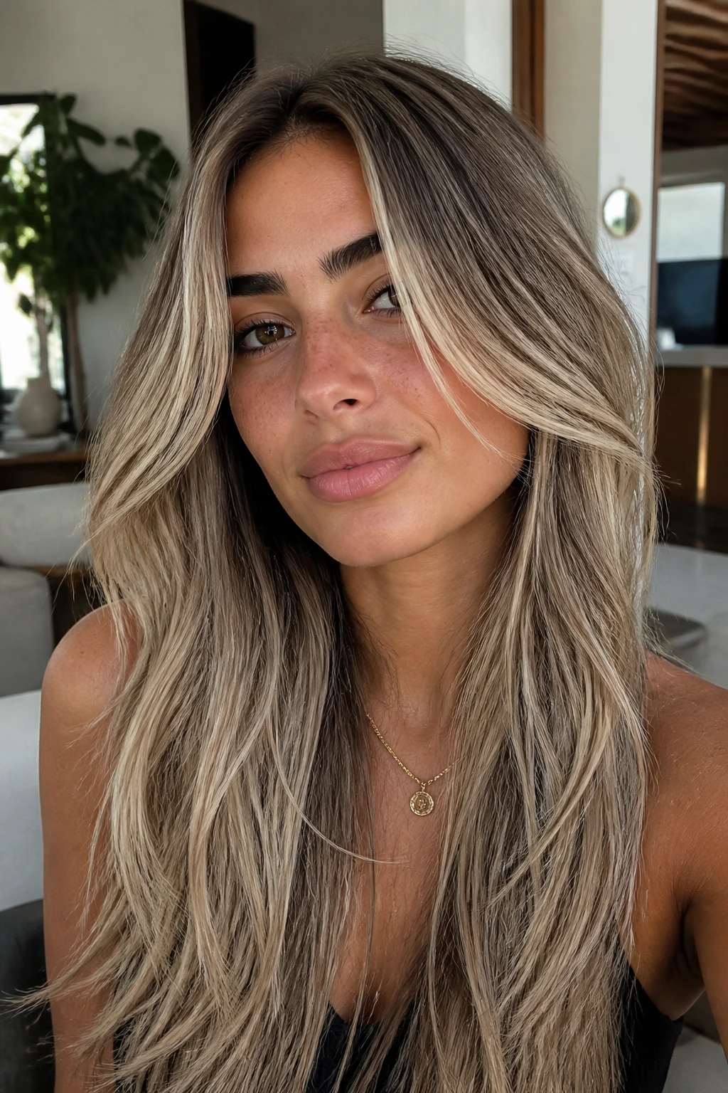 Portrait of a woman with long layered ash blonde hair and face-framing lights on olive skin