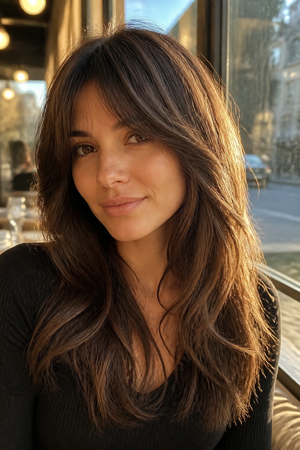 Portrait of brunette with long layered bangs in golden-hour light