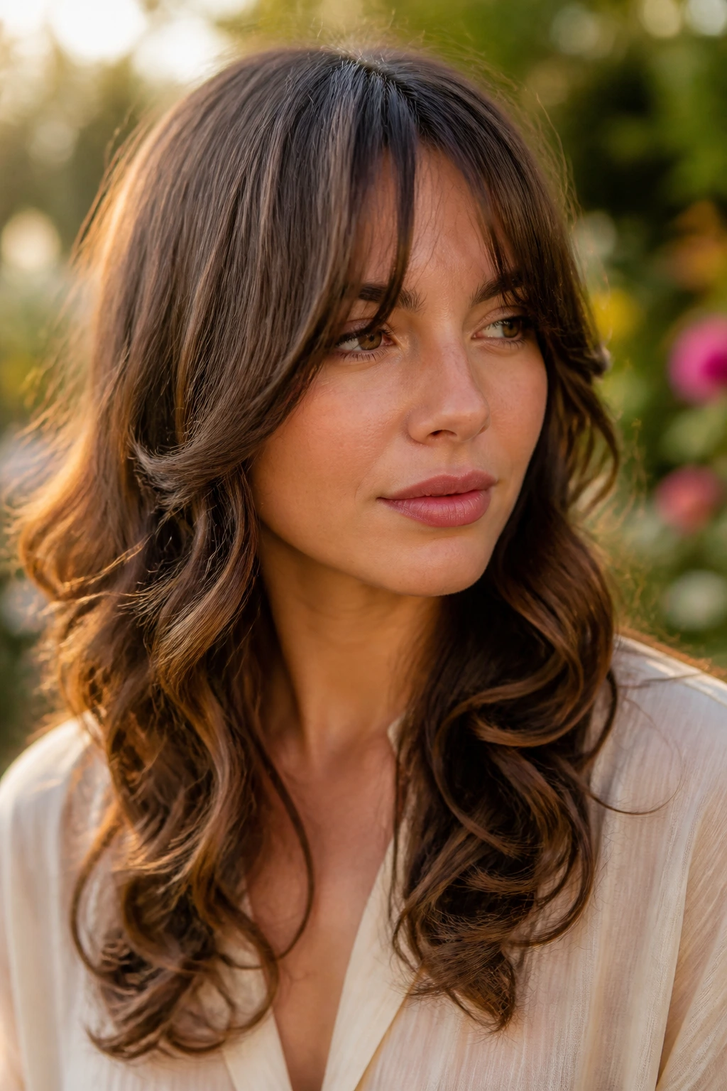 Real woman with long layered bangs and loose spiral ends