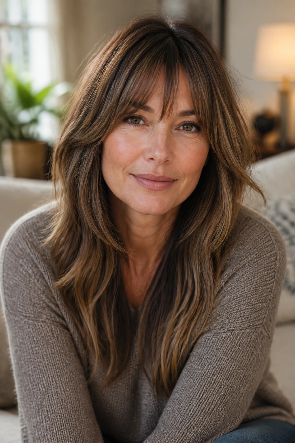 Close-up portrait of a real woman with long layered bangs and lowlights